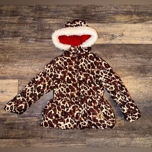 Leopard Print Kids Puffer Jacket with Red Hood